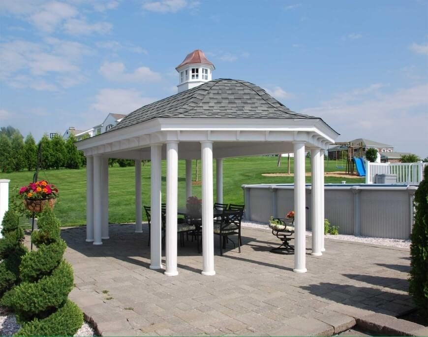 Another great example of an open design pavilion style gazebo. This one features a bell shaped roof and fluted columns.