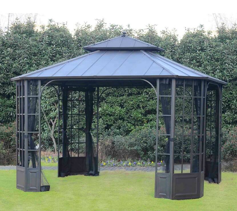 This portable aluminum gazebo has a hard top, which means it won't sag under the weight of rain should you have inclement weather. It also has screens you can close if it's a little buggy out.