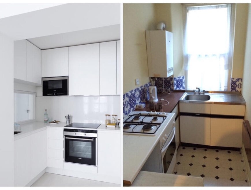 The kitchen has perhaps the most dramatic transformation, with the pristine white cabinetry and sleek appliances at left replacing the dank, claustrophobic space at right.