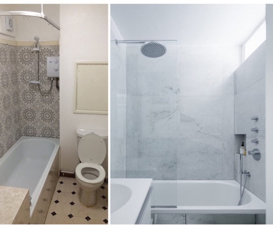 The bathroom also sees a massive tonal shift, from a dark and busy palette to the refreshing white and marble space it is now. The simple bath was replaced by an expansive soaking tub with a glass enclosure for a more open look.