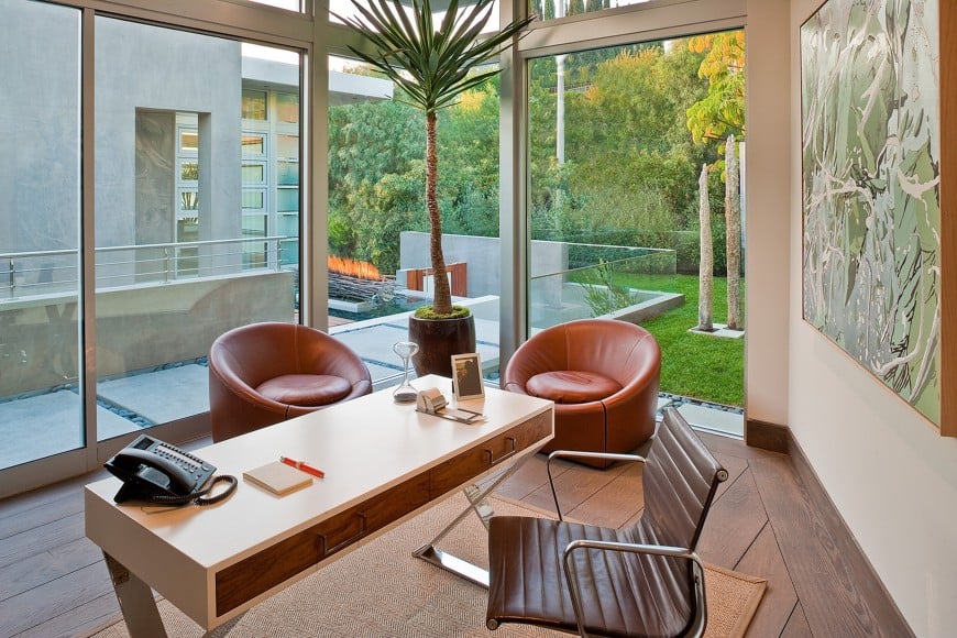 Glazed home office accented with a tall indoor plant in between coral round back chairs. It has a blush office desk with wooden drawers and a brown leather chair.