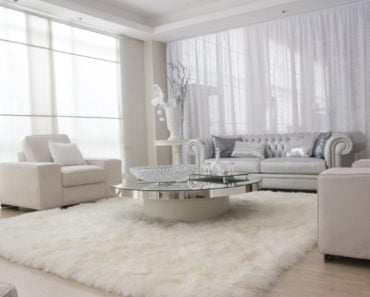 Modern Scandinavian formal living room with a fluffy rug and nice sofa set perfect with the white walls and curtain.