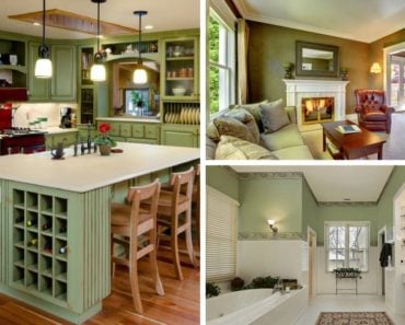 Green kitchen, living room and bathroom