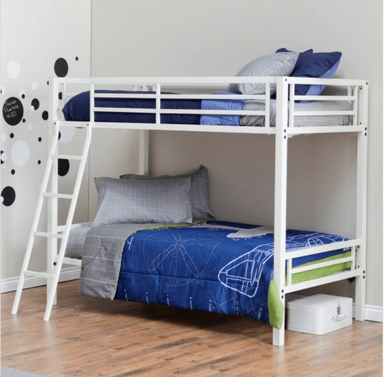 White bunk bed with metal frame.