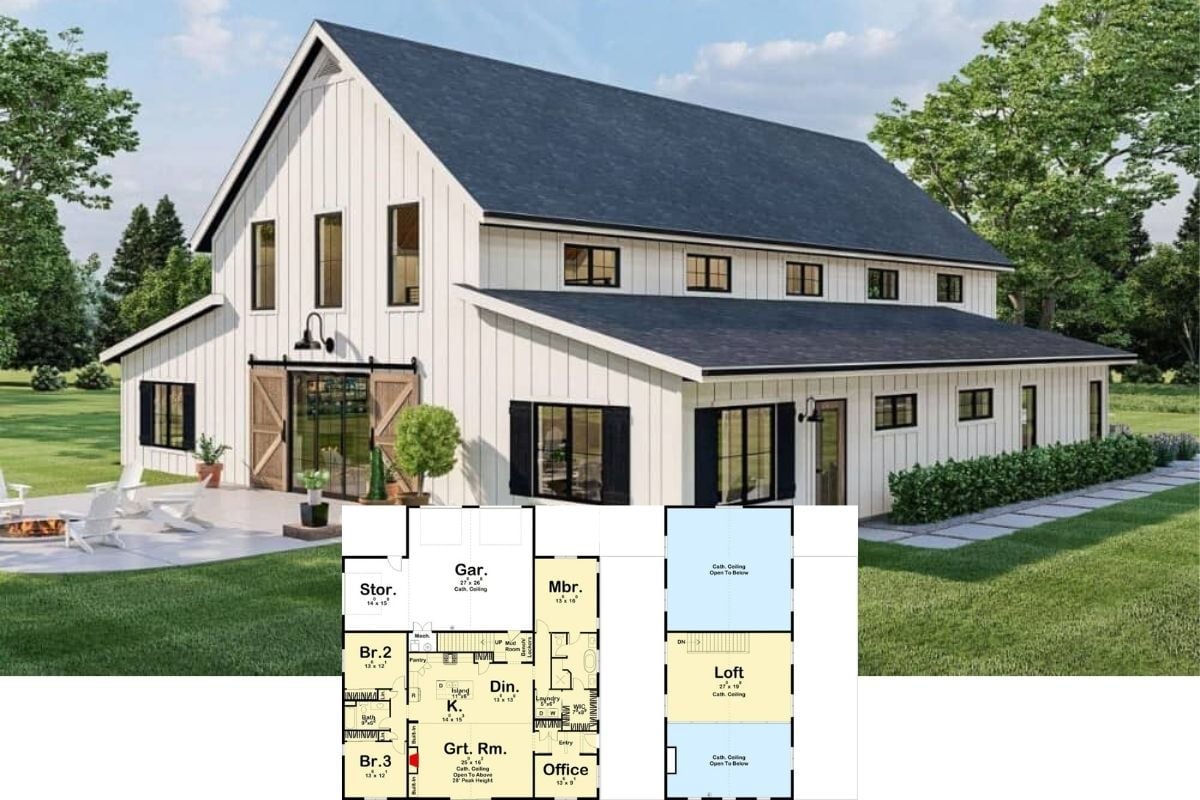 You’ll Love this Attractive 3-Bedroom Barndominium Home Plan with Huge Garage and Stylish Living Quarters with a Huge Upper Loft (Floor Plan)