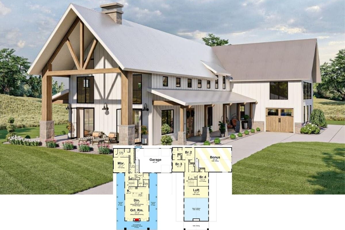 Unveiling this Striking 4-Bedroom Modern Farmhouse Barndominium with Wraparound Porch, a Loft, and a Large Bonus Room Above the Oversizd Garage (Floor Plan Drawings Included)