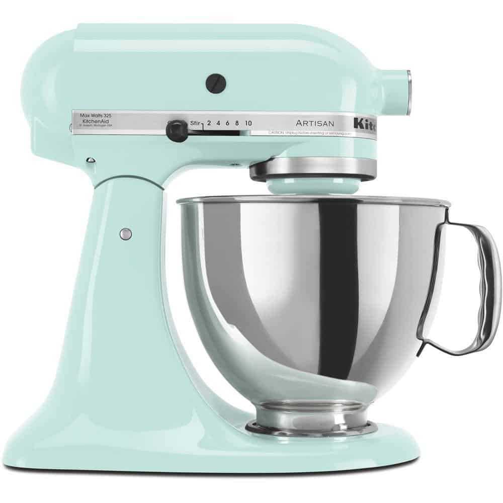 Light blue electric mixer with a dough hook.