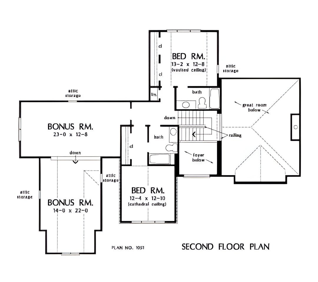 Second level floor plan with two bedrooms, two baths, and an oversized bonus room.