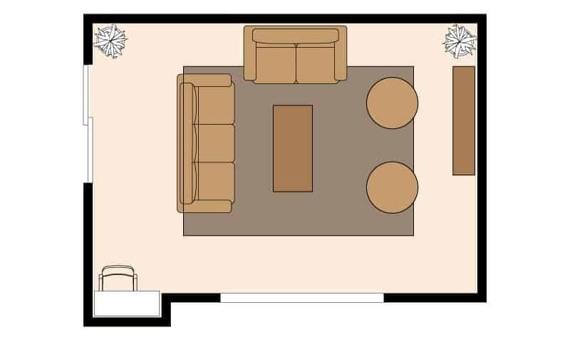 Living room configuration with one sofa, one loveseat, and two round ottoman seats