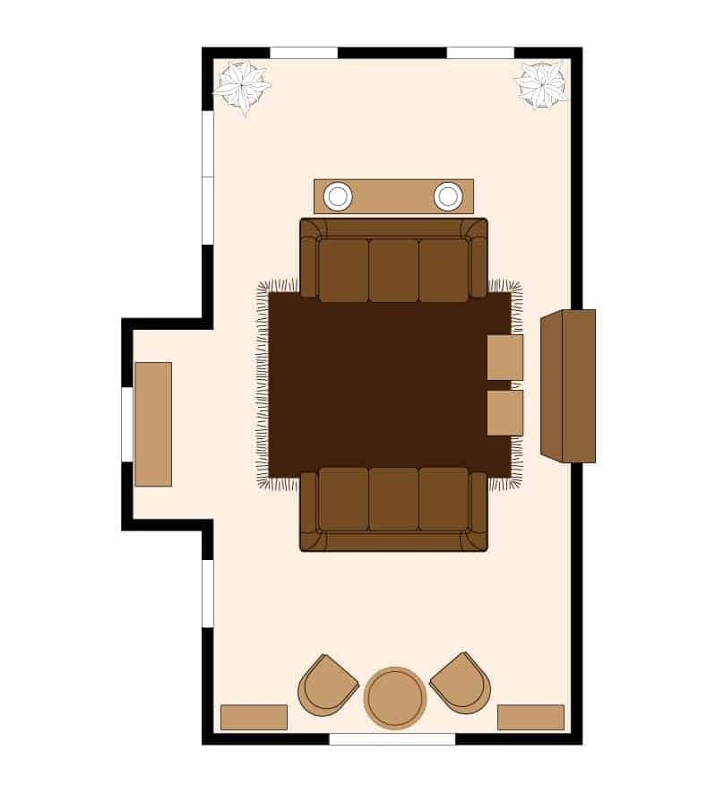 Living room floor plan with two sofas and two ottoman seats
