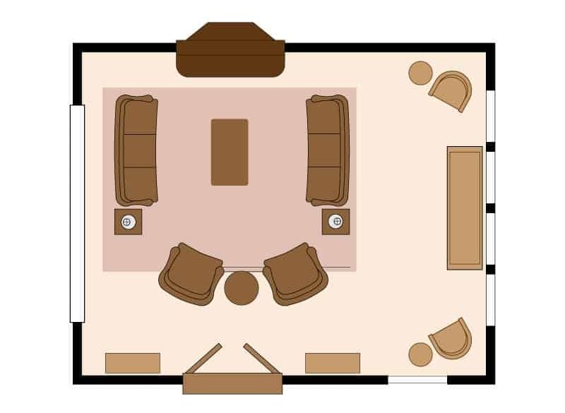 Living room floor plan with two sofas with arched chair arrangement