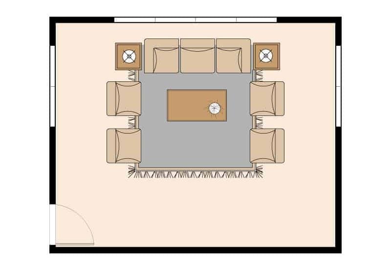 Living room floor plan with one sofa, three tables and four chairs