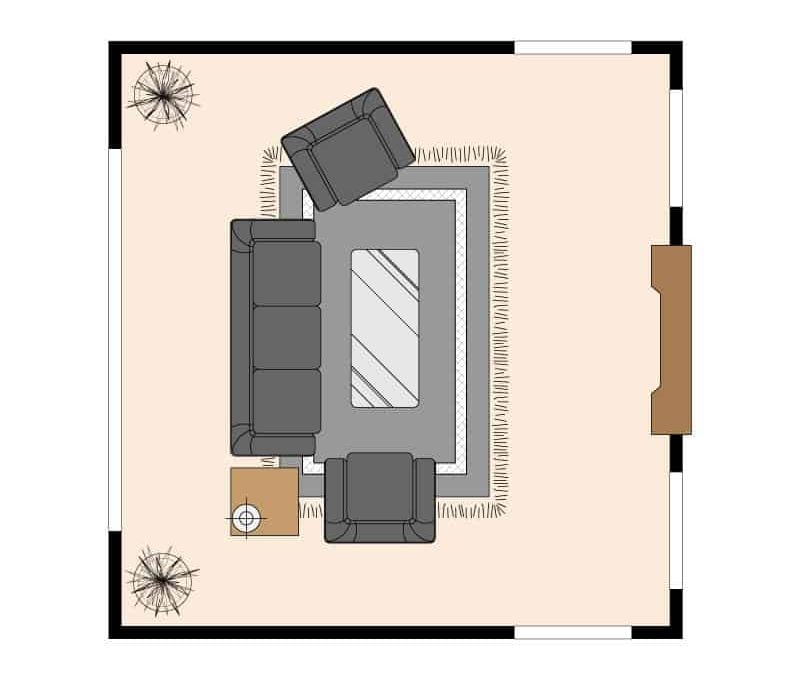 Small living room floor plan layout with sofa and 2 chairs (facing a TV)