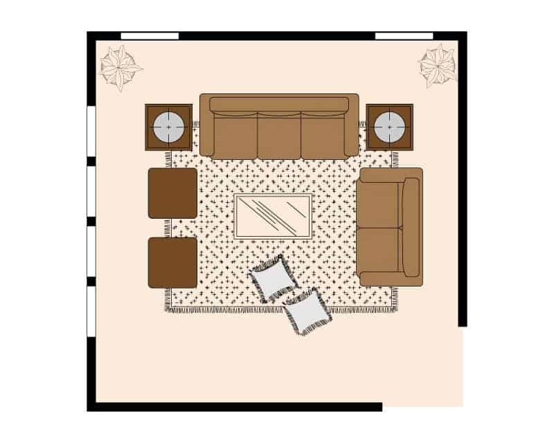 Simple sofa, loveseat and sitting ottoman living room layout
