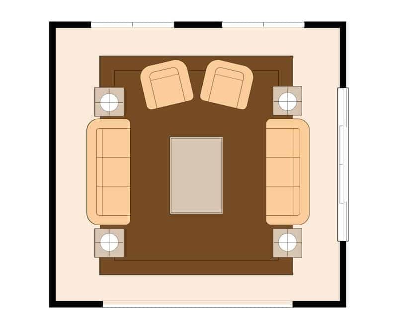 Living room layout with 2 full sofas facing one another plus 2 armchairs