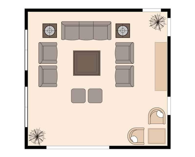 Living room layout with 1 sofa, 4 armchairs and 2 sitting ottomans