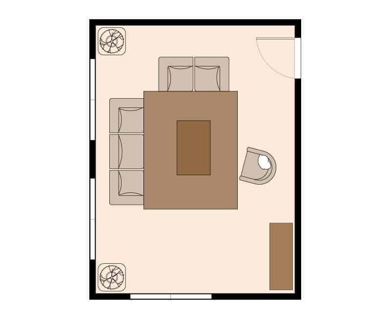 Living room floor plan with one sofa, one loveseat, and one armchair