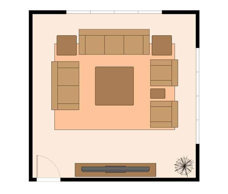 Living room layout with sofa, loveseat, 2 armchairs and a TV
