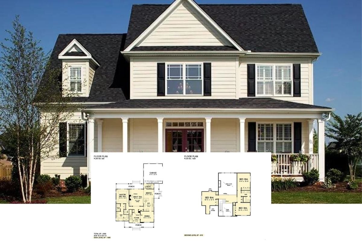 Introducing “The Jamestowne” – A Dream Home for Many with It’s Handsome Dormer, Gabled Roof and Front Porch. The Striking Red Door is Icing on the Cake (Floor Plan)