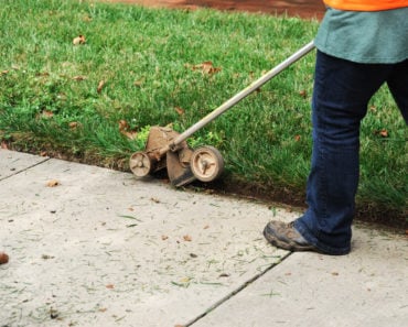 A man maintaining and trimming the edges of his lawn.