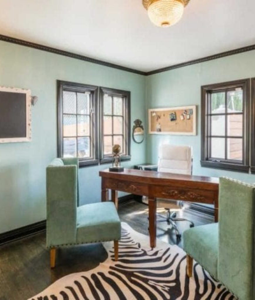 65 Home Offices With An Area Rug Photos Stratosphere The Home Office Features Green Walls And Seats Along With A Hardwood Flooring Stylish