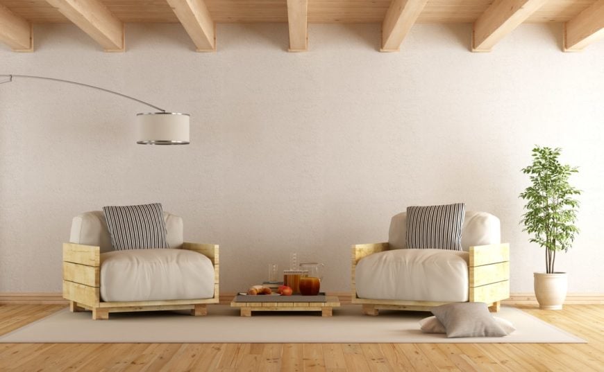 Stylish interior with wooden plank ceiling, floor lamp, an indoor plant, and a pair of wooden arm chairs with a low coffee table with rug on wooden flooring.