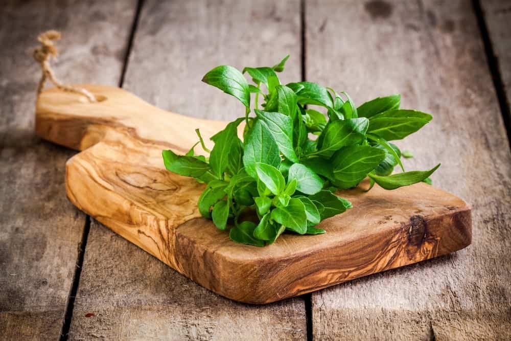 A Bunch of Basil Leaves on a Wooden Board