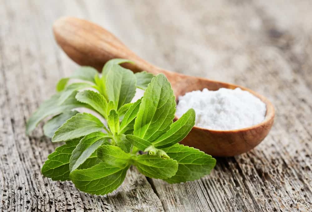 Bunch of Stevia leaves in a Wooden Spoon