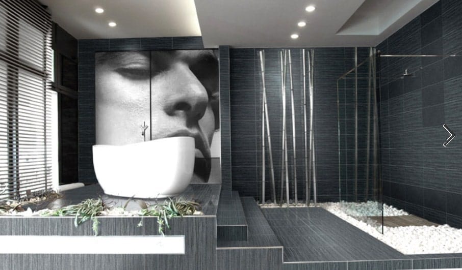 A modish Asian-style primary bathroom with black floors and walls, along with a walk-in shower and a freestanding tub with a large portrait wall decor on its side.