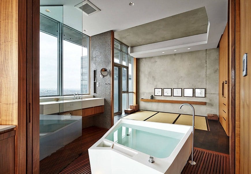 Large Asian-style primary bathroom featuring a freestanding soaking tub along with a walk-in shower room.