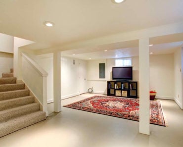 Basement interior with carpet flooring and an area rug.