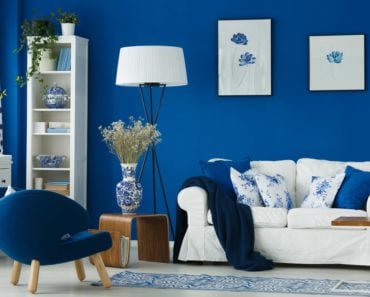 Living room with blue walls.