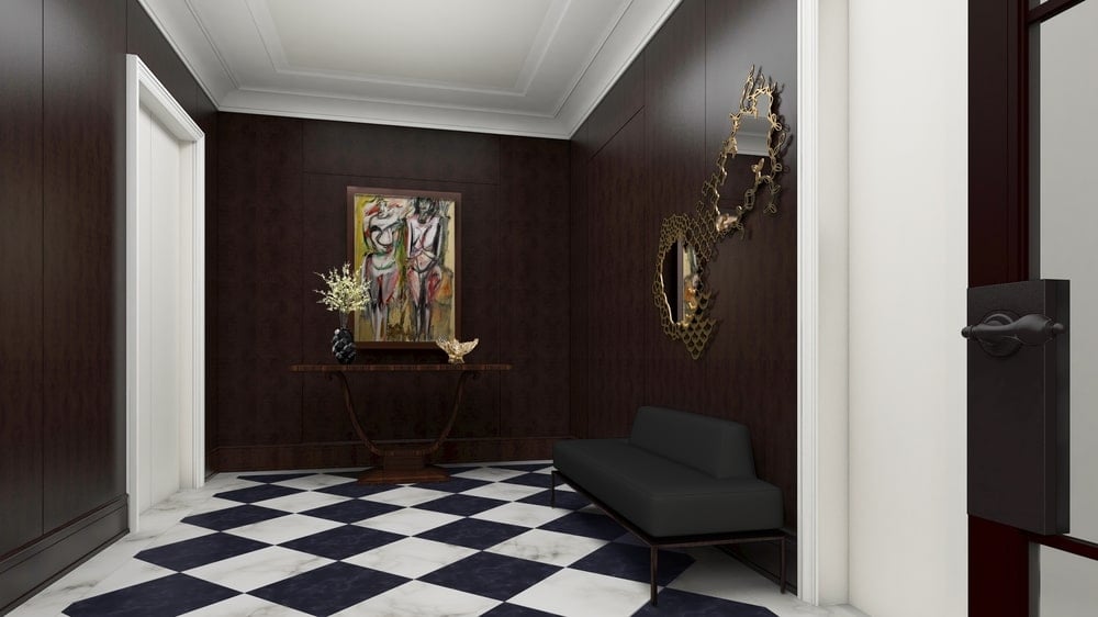 This is a look at the foyer with black and white checkered flooring that stands out against the dark wooden walls.