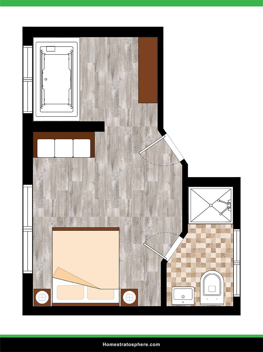 Angled Primary Bedroom With Separate Soaking Tub