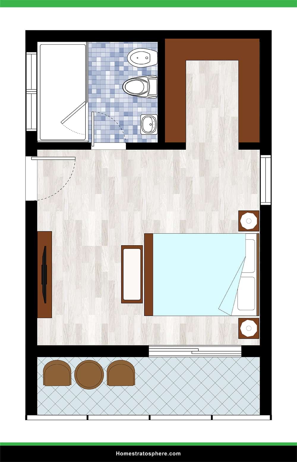 Large Bedroom with Balcony and Full Wall Shower