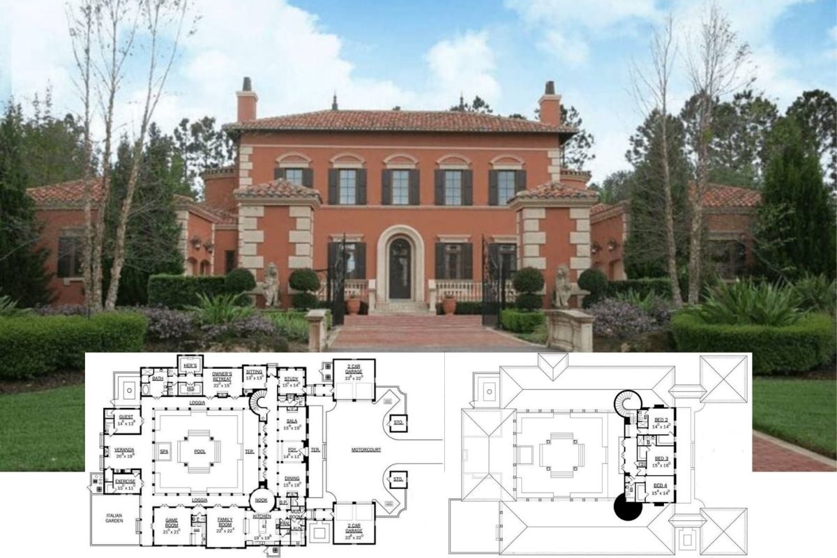 Tour this Incredible Stately Italianate Mansion Plan with 5 Bedrooms and a Stunning Courtyard Pool (2D Floor Plan Drawing and Photos)