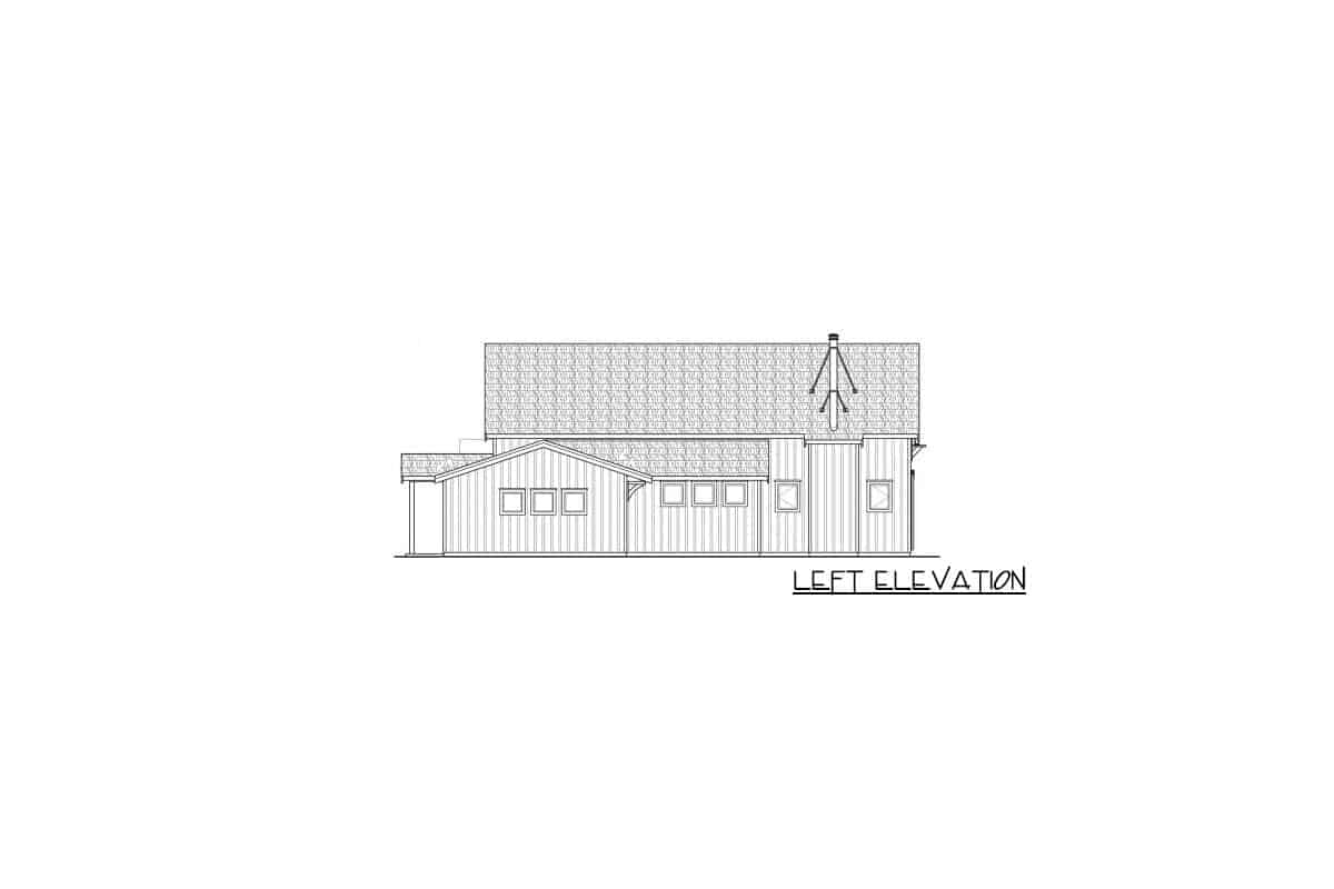 Left elevation sketch of the two-story rustic ranch.