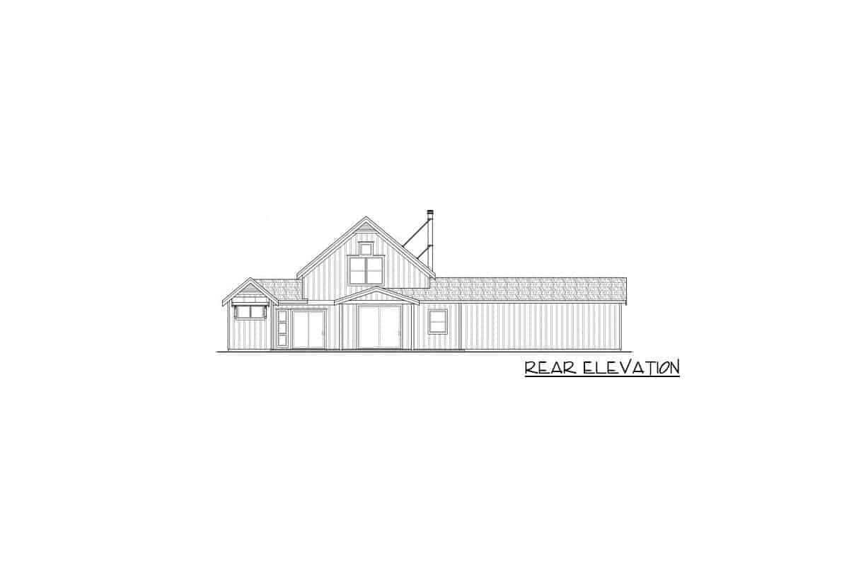 Rear elevation sketch of the two-story rustic ranch.