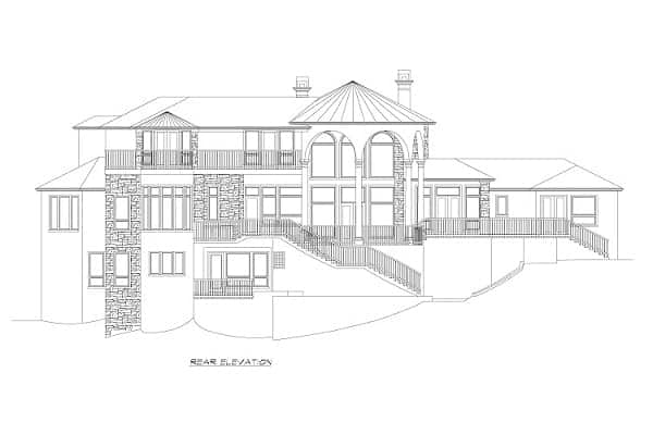Rear elevation sketch of the three-story Rodeo home.