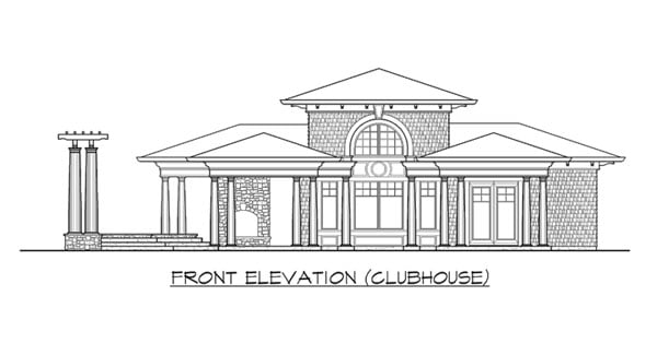 Front elevation sketch of the clubhouse of two-story The Retreat at Waters Edge.