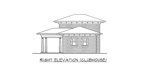 Right elevation sketch of the clubhouse of two-story The Retreat at Waters Edge.