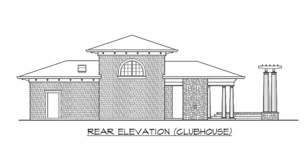 Rear elevation sketch of the clubhouse of two-story The Retreat at Waters Edge.