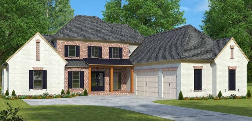 Home's facade with beautiful brick cladding, decorative trims, and wooden columns supporting the front porch.