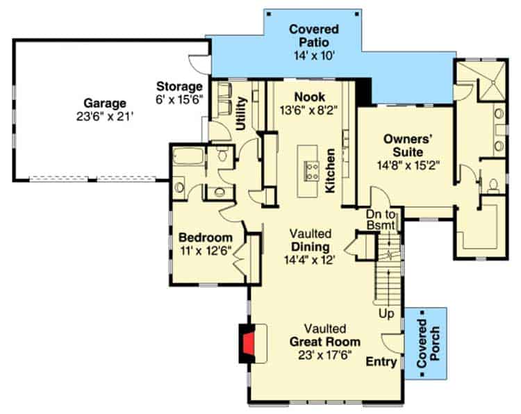 Main level floor plan of a 3-bedroom two-story rustic ranch with a covered porch, vaulted great room, shared kitchen and dining, utility room, breakfast nook, and two bedrooms including the primary suite with access to the covered patio.