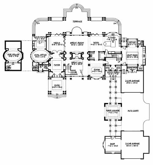 Main level floor plan of a 4-bedroom two-story The Retreat at Waters Edge with a great room, media room, kitchen with breakfast nook, formal dining room, oval office, wine cellar, craft room, and an expansive terrace at the back.