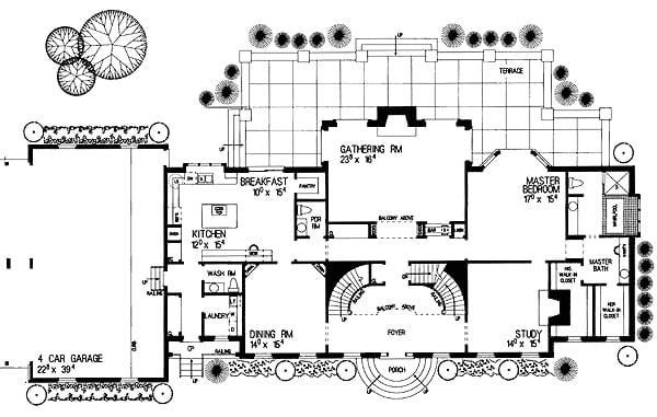 Main level floor plan of a 5-bedroom two-story grand Georgian home with a study, formal dining room, laundry area, kitchen, gathering room, and a primary suite with private access to the terrace.