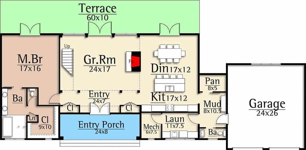 Main level floor plan of a two-story 3-bedroom farmhouse with an entry porch, great room, kitchen with walk-in pantry, mudroom leading to the garage, and a rear terrace accessible via the primary suite, great room, and dining area.