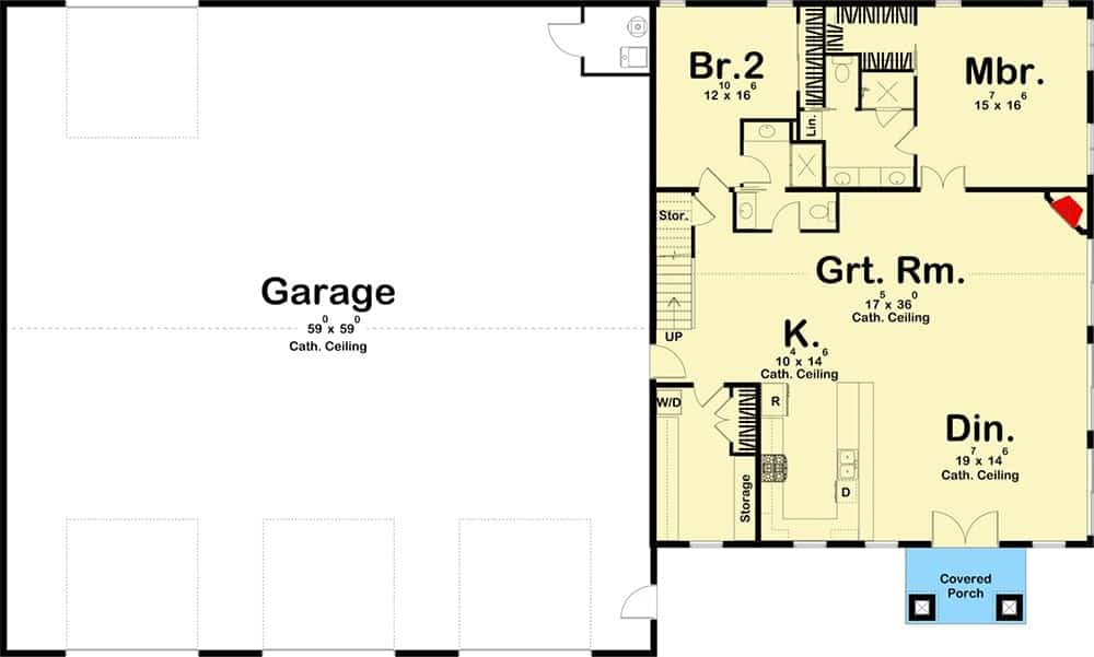 Main level floor plan of a two-story 3-bedroom barndominum with a covered porch, dining area, kitchen, great room, utility room, two bedrooms including the primary suite, and a massive garage with storage.