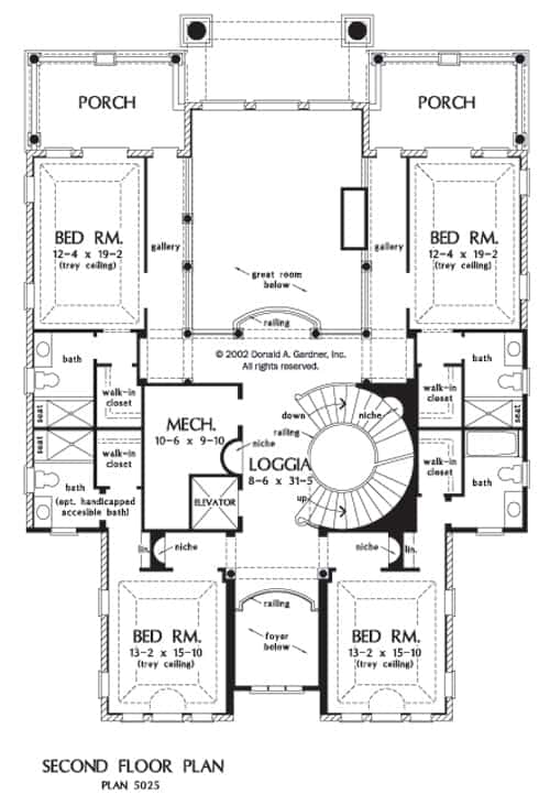 Second level floor plan with four bedrooms, porches and a mechanical room.