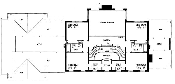 Second level floor plan with four bedrooms sharing two full baths.
